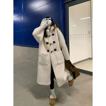 Dámský dlouhý kabát s kapucí typu ovečka Barva: Aprikotová, Velikost: 3XS