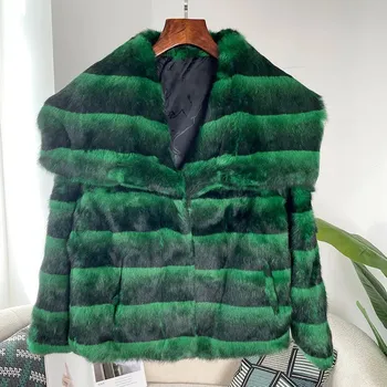 Dámský kožich Dámský zimní kabát s límcem z králičí kožešiny Barva: Zelená, Velikost: S