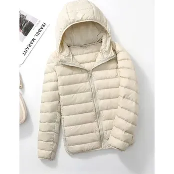 Dámská parka prošívaná péřová bunda s kapucí plus size Barva: Béžová, Velikost: M