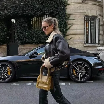 Dámský křivák Krátká bunda s kožešinovým límcem v motorkářském stylu Barva: Černá, Velikost: S