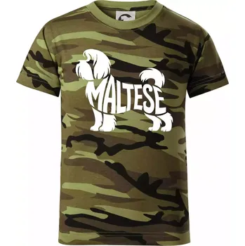 Maltézský psík nápis v těle - Dětské maskáčové triko - 146 cm/10 let ( Zelený maskáč )