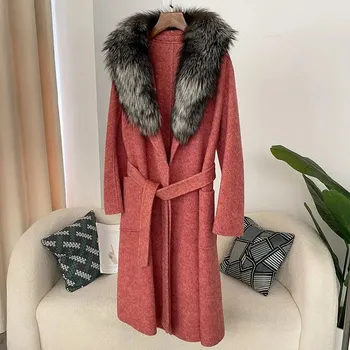 Dámský kabát Dlouhý vlněný kabát s liščí kožešinou Velikost: M, Barva (Varianta): shiliu Red silver