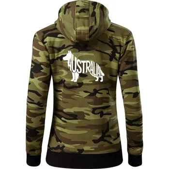 Dámská mikina Australský Ovčák - nápis v těle - Dámská mikina trendy zipper s kapucí - XS ( Zelený maskáč )