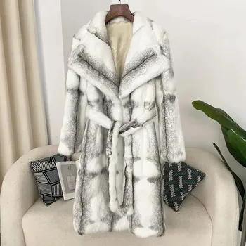 Dámský kabát Luxusní kožešinový kabát z králičí srsti s páskem Barva: Béžová, Velikost: M