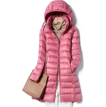 Dámská parka zimní péřová bunda s kapucí v prodlouženém střihu Barva: Růžová, Velikost: 3XL