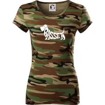 Dámské tričko Basset nápis v těle - Dámské maskáčové triko - S ( Hnědý maskáč )