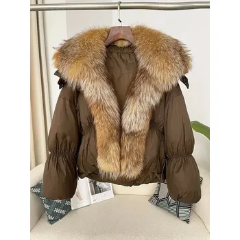 Dámská parka dámský zimní kabát s velkým límcem z pravé kožešiny Velikost: S, Barva (Varianta): Brown gold