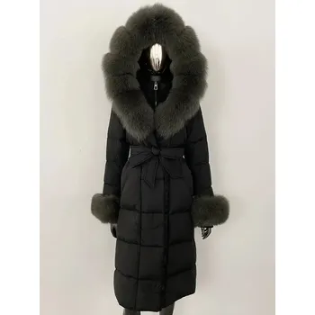 Dámská parka Dámská péřová bunda s límcem z liščí kožešiny Velikost: M, Barva (Varianta): Zelená