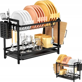 Organizace kuchyně ODKAPÁVAČ NA NÁDOBÍ DVOUÚROVŇOVÝ ČERNÝ NA KUCHYŇSKOU LINKU S ORGANIZÉREM 44x24 cm