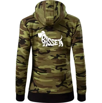 Dámská mikina Basset nápis v těle - Dámská mikina trendy zipper s kapucí - 2XL ( Zelený maskáč )