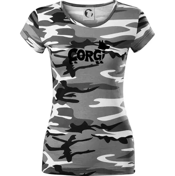 Dámské tričko Corgi nápis v těle - Dámské maskáčové triko - M ( Šedý maskáč )