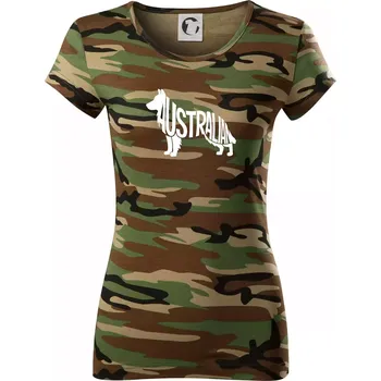 Dámské tričko Australský Ovčák - nápis v těle - Dámské maskáčové triko - XS ( Hnědý maskáč )