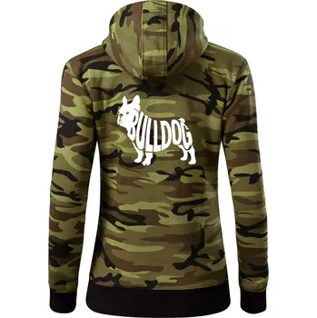 Dámská mikina Bulldog nápis v těle - Dámská mikina trendy zipper s kapucí - XL ( Zelený maskáč )