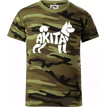 Akita Inu - Nápis v těle - Dětské maskáčové triko - 134 cm/8 let ( Zelený maskáč )