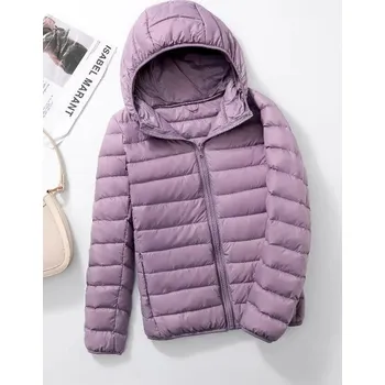 Dámská parka prošívaná péřová bunda s kapucí plus size Barva: Fialová, Velikost: S