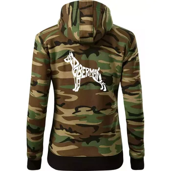 Dámská mikina Doberman - nápis v tělě - Dámská mikina trendy zipper s kapucí - XL ( Hnědý maskáč )