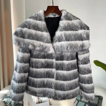 Dámský kožich Dámský zimní kabát s límcem z králičí kožešiny Barva: Šedá, Velikost: S