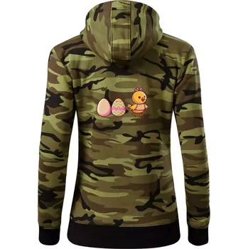 Dámská mikina Evoluce vajíčka - velikonoce - kuře - Dámská mikina trendy zipper s kapucí - S ( Zelený maskáč )