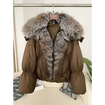 Dámská parka dámský zimní kabát s velkým límcem z pravé kožešiny Velikost: S, Barva (Varianta): brown brown