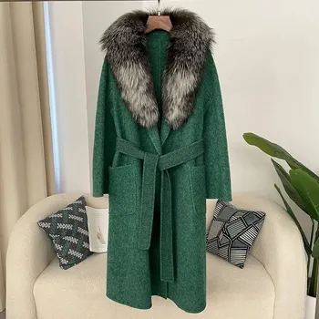 Dámský kabát Dlouhý vlněný kabát s liščí kožešinou Velikost: S, Barva (Varianta): Green silver