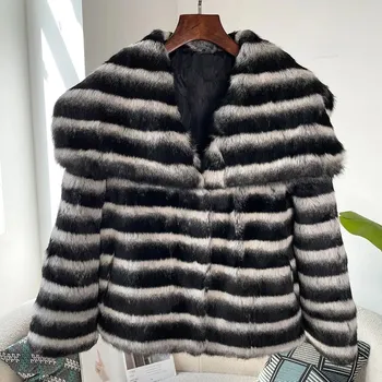 Dámský kožich Dámský zimní kabát s límcem z králičí kožešiny Barva: Černá, Velikost: XL