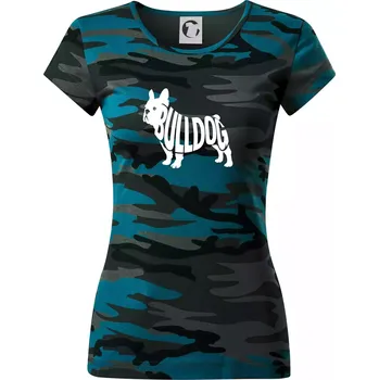 Dámské oblečení Bulldog nápis v těle - Dámské maskáčové triko - S ( Petrolejová maskáč )