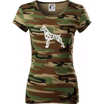 Doberman - nápis v tělě - Dámské maskáčové triko - S ( Hnědý maskáč )