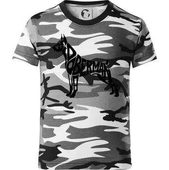 Chlapecké tričko Doberman - nápis v tělě - Dětské maskáčové triko - 122 cm/6 let ( Šedý maskáč )