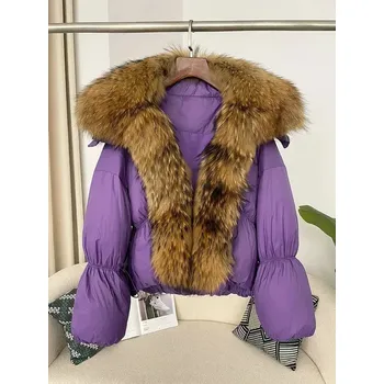 Dámská parka dámský zimní kabát s velkým límcem z pravé kožešiny Velikost: S, Barva (Varianta): pp natural