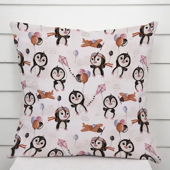 Povlak na dekorativní polštářek Dětský bavlněný povlak na polštář Sandra SA-647 Tučňáčci s hnědými letadélky na bílém 40 x 60 cm