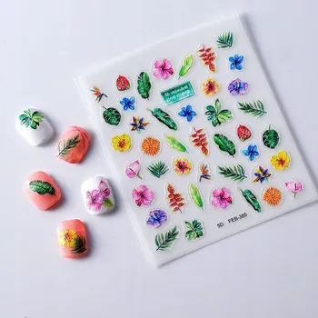 LETNÍ Samolepky na nehty Samolepící konvexní vzory Květiny, listy