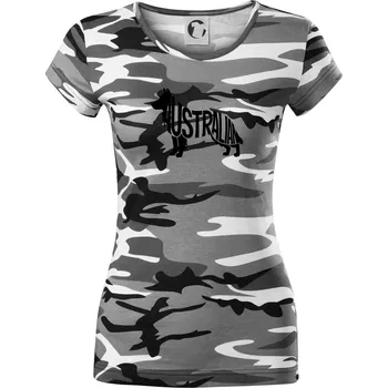 Dámské tričko Australský Ovčák - nápis v těle - Dámské maskáčové triko - XS ( Šedý maskáč )