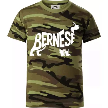 Bernese Mountain Dog nápis v těle - Dětské maskáčové triko - 134 cm/8 let ( Zelený maskáč )