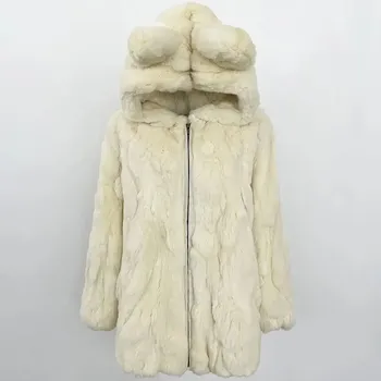 Dámský kabát bunda z králičí kožešiny s kapucí Barva: Béžová, Velikost: L