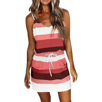 Dámské šaty Letní pruhované šaty s páskem a volným střihem Velikost: M, Barva (Varianta): Červená