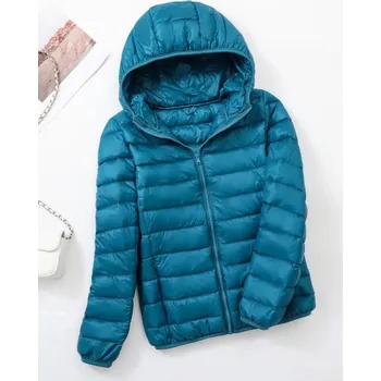 Dámská parka prošívaná péřová bunda s kapucí plus size Barva: Modrá, Velikost: M