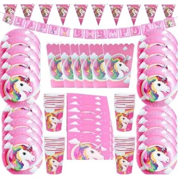 Sada nádobí Sada Nádobí Jednorožec 3. Narozeniny Kelímky Talíře Ubrousky Girlanda 80 ks