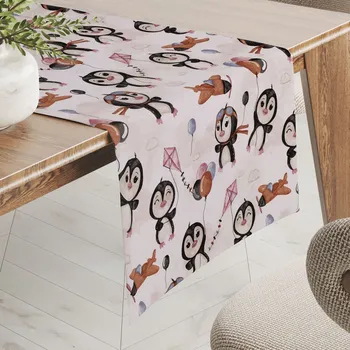 ubrus Dětský bavlněný běhoun na stůl Sandra SA-647 Tučňáčci s hnědými letadélky na bílém 20x180 cm