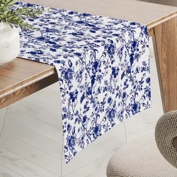 ubrus Bavlněný běhoun na stůl Sandra SA-639 Modré květiny na bílém 20x120 cm