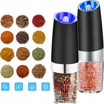 Kuchyňský mlýnek ELEKTRICKÝ GRAVITAČNÍ MLÝNEK 2ks NA SŮL A PEPŘ, BATERIOVÝ S LED