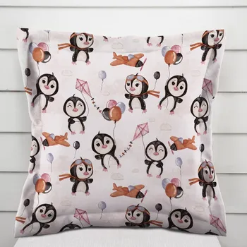 Povlak na polštářek Dětský bavlněný povlak na polštář s lemem Sandra SA-647 Tučňáčci s hnědými letadélky na bílém 50 x 60 cm