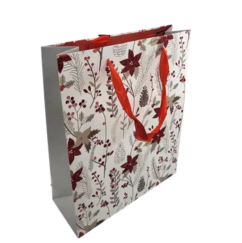 Krabička na výslužku Vánoční dárková taška Poinsettie a jehličí (červené květy a šišky) 26x32x10 cm