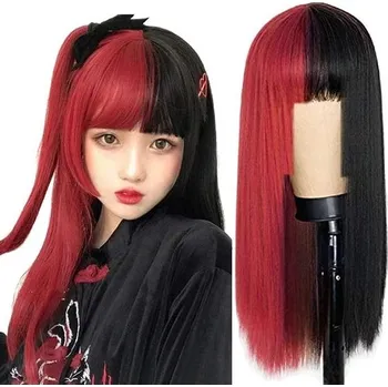 Dlouhá napůl červená napůl černá paruka s rovnou ofinou, Halloween cosplay dámská paruka ze