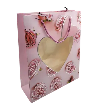 Krabička na výslužku Vánoční papírová taška srdce růžová 26x32x10 cm