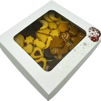 Dárková krabička Vánoční krabička bílá s barevnou ražbou a průhledným okénkem na 1/4 kg cukroví 18x15x3,7 cm