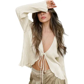 Dámské tričko Dámská halenka s hlubokým výstřihem a zavazováním Lehká halenka s dlouhým rukávem Plisovaný top Elegantní vzdušný letní styl S