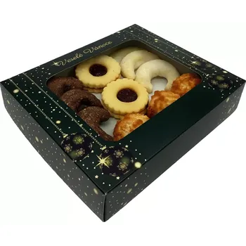 Dárková krabička Vánoční krabička tmavě zelená s průhledným okénkem 1/4 kg cukroví 18x15x3,7 cm