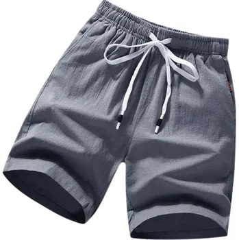Pánské kraťasy Letní pánské bavlněno-lněné kraťasy Jednobarevné volnočasové kraťasy se stahovací šňůrkou Ležérní prodyšné šortky na léto šedá 4XL