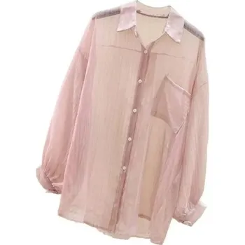 Dámské tričko Dámská lehká průsvitná košile s dlouhým rukávem Volný střih s límečkem a kapsou Elegantní košile na knoflíky do města i k vodě růžová M