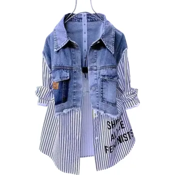 Dámská casual bunda Dámská dvouvrstvá džínová bunda s pruhovanou košilí Módní bunda s kapsami Stylová denimová košile Ležérní streetová móda XL